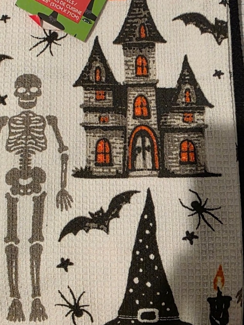 Halloween Haunted House & Skeleton Kitchen Towel - Orange, Black, Gray Set Of 3